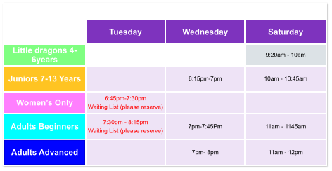 Tuesday Wednesday Saturday Little dragons 4- 6years   9:20am - 10am Juniors 7-13 Years   6:15pm-7pm  10am - 10:45am Women’s Only 6:45pm-7:30pm  Waiting List (please reserve)   Adults Beginners 7:30pm - 8:15pm Waiting List (please reserve)  7pm-7:45Pm  11am - 1145am Adults Advanced   7pm- 8pm  11am - 12pm