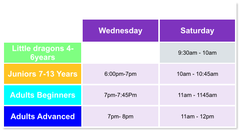 Wednesday Saturday Little dragons 4- 6years  9:30am - 10am Juniors 7-13 Years 6:00pm-7pm 10am - 10:45am Adults Beginners 7pm-7:45Pm 11am - 1145am Adults Advanced 7pm- 8pm 11am - 12pm